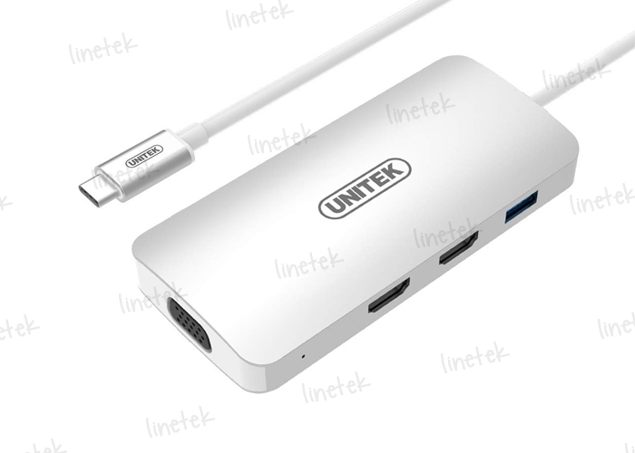 USB 3.1 Type-C Aluminium Multi-Port Hub with Power Delivery, 2-Port HDMI, 1-Port USB Type-A, 1-Port VGA, Silver