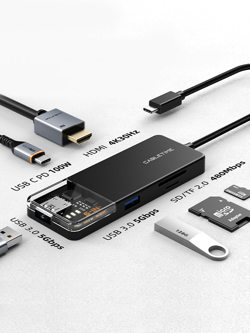 6 In 1 USB Type C Multiport Hub With 4K HDMI 100W Power Delivery